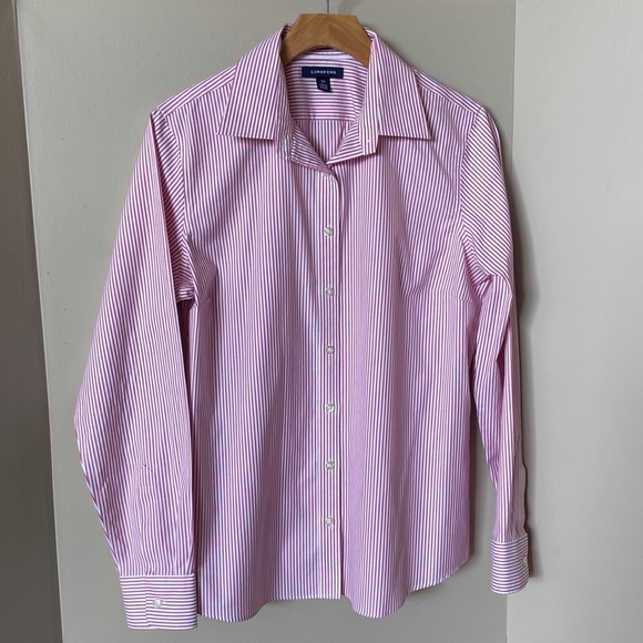 lands end no iron pin stripe / pinpoint oxford button up shirt - Picture 3 of 8